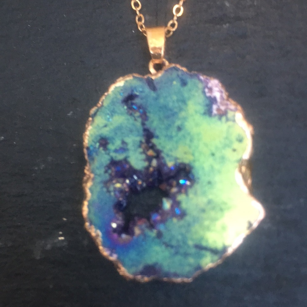 New Rose Gold Druzy Geode Crystal with Gold Electroplated Trim Necklace